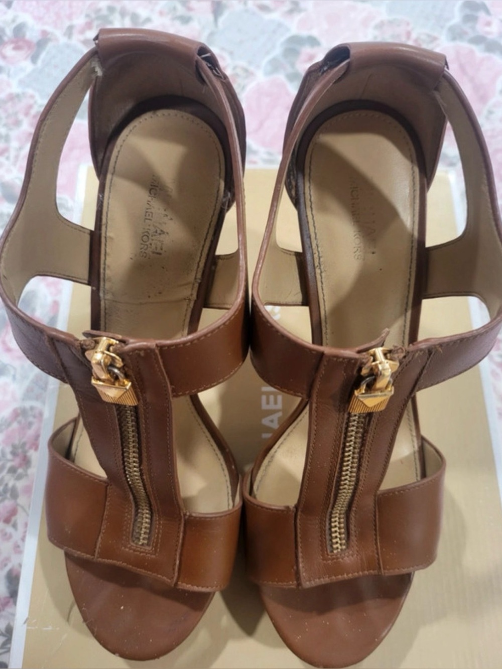 Michael Kors Brown Leather T-Strap Heeled Sandals with Gold Zipper